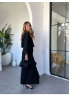 SİYAH BELİ LASTİKLE DRAPE DETAY YIRTMAÇLI UZUN ELBİSE