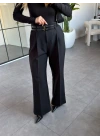 SİYAH ÇİFT KEMERLİ PİLELİ PANTOLON
