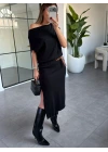 SİYAH DİLVİN ASİMETRİK YAKA KEMERLİ TRİKO ELBİSE