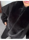 SİYAH KRUVAZE YAKA KÜRKLÜ KISA KAŞE MONT