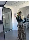 SİYAH LEOPAR DESEN KEMERLİ SATEN PANTOLON