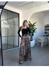 SİYAH LEOPAR DESEN KEMERLİ SATEN PANTOLON