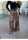 SİYAH LEOPAR DESEN KEMERLİ SATEN PANTOLON