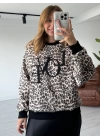 Siyah Leopar Desen Yumoş Sweatshirt