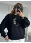 Siyah Leopar Figürlü Sweatshirt