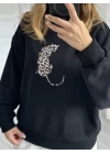 Siyah Leopar Figürlü Sweatshirt