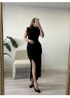 Siyah Omuz Vatkalı Ottoman Kumaş Elbise