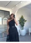 SİYAH ÖNDEN DÜĞMELİ KEMERLİ ŞİFON ETEK