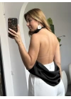 SİYAH SATEN HALTER YAKA SIRTI AÇIK BLUZ