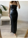 Siyah Straplez Şardonlu Deri Elbise