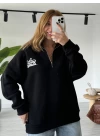 Siyah Yazı Baskılı Polo Yaka Sweatshirt