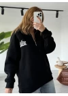 Siyah Yazı Baskılı Polo Yaka Sweatshirt