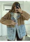 Vizon Jean Detay Kapüşonlu Oversize Peluş Ceket