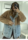 Vizon Jean Detay Kapüşonlu Oversize Peluş Ceket