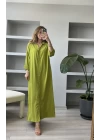 Yağ Yeşili Uzun Yan Yırtmaçlı Gömlek Elbise