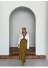 YEŞİL BEYAZ DANTEL DETAY SATEN ELBİSE