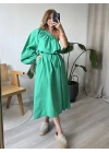 Yeşil Tek Kol Kuşaklı Poplin Elbise