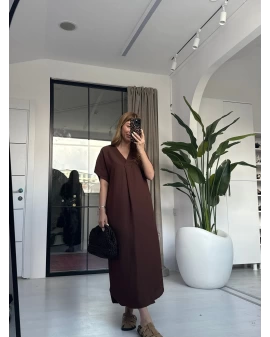 KAHVE KETEN KISA KOL V YAKA ELBİSE