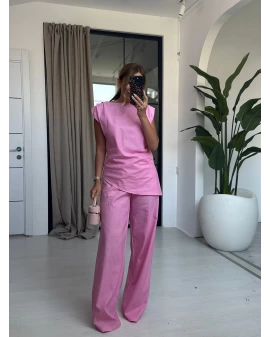PEMBE KETEN ASİMETRİK BLUZ TAKIM