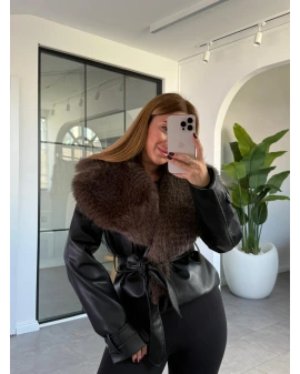 SİYAH YAKASI KÜRKLÜ DERİ CEKET