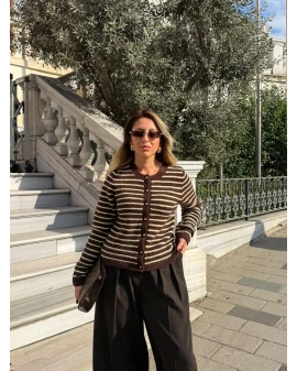 KAHVE SARI ÇİZGİLİ TRİKO HIRKA