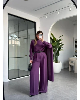 MOR ŞAL DETAYLI KEMERLİ GÖMLEK TAKIM