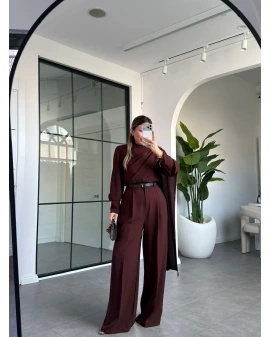 KAHVE ŞAL DETAYLI KEMERLİ GÖMLEK TAKIM