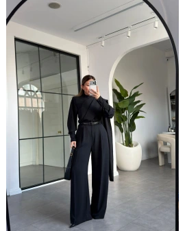 SİYAH ŞAL DETAYLI KEMERLİ GÖMLEK TAKIM