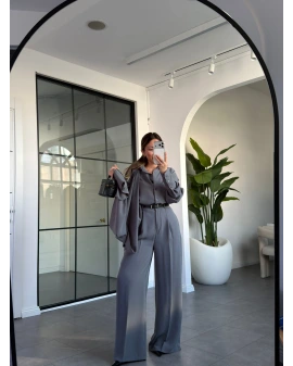 GRİ ŞAL DETAYLI KEMERLİ GÖMLEK TAKIM