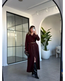 KAHVE GOLD DÜĞMELİ KEMERLİ ELBİSE