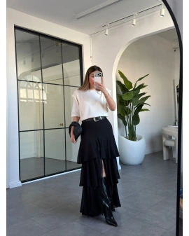 SİYAH ŞİFON KAT KAT KEMERLİ ETEK