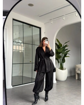 SİYAH KİMONO ŞALVARLI SATEN TAKIM