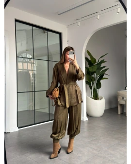 HAKİ KİMONO ŞALVARLI SATEN TAKIM