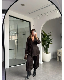 KAHVE KİMONO ŞALVARLI SATEN TAKIM