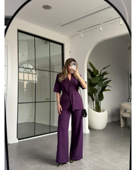 MOR KISA KOL CEKET KEMERLİ PANTOLON TAKIM