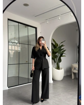 SİYAH KISA KOL CEKET KEMERLİ PANTOLON TAKIM