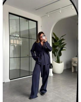 LACİVERT DOKULU KUŞAKLI TAKIM