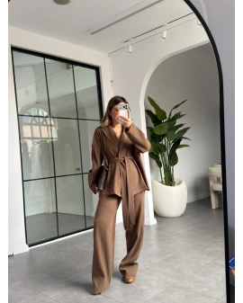 KAHVE DOKULU KUŞAKLI TAKIM