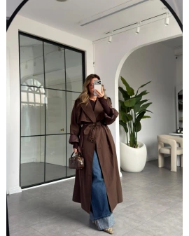 KAHVE OVERSİZE İÇ ASTARI ÇİZGİLİ TRENÇKOT