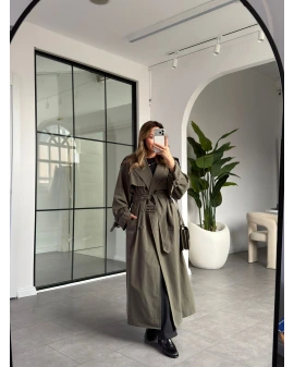 HAKİ OVERSİZE İÇ ASTARI ÇİZGİLİ TRENÇKOT