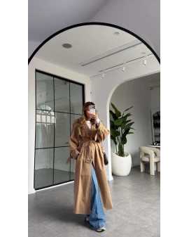 CAMEL OVERSİZE İÇ ASTARI ÇİZGİLİ TRENÇKOT