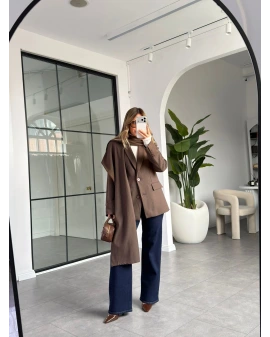 KAHVE ÇİZGİLİ ŞAL DETAYLI CEKET