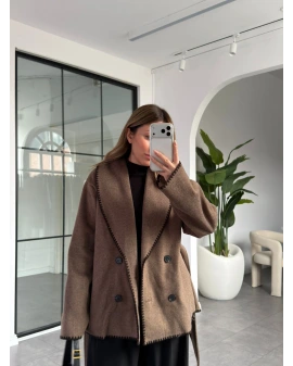 KAHVE KENAR DİKİŞLİ YÜN DOKULU CEKET