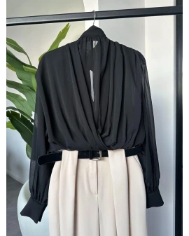SİYAH ŞİFON BOYUNDAN BAĞLAMALI BELİ LASTİKLİ BLUZ