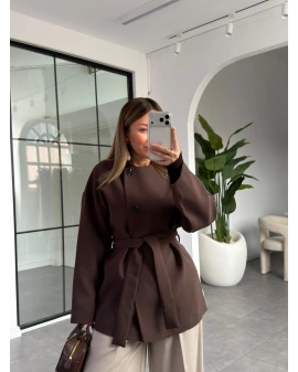 KAHVE ÜÇ DÜĞMELİ KUŞAKLI CEKET