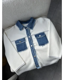 BEYAZ DENİM DETAYLI ÇELİK TRİKO HIRKA