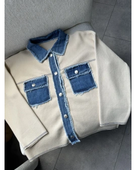 KREM DENİM DETAYLI ÇELİK TRİKO HIRKA