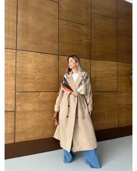 CAMEL DÜĞMELİ MANŞET DETAY KUŞAKLI TRENÇKOT
