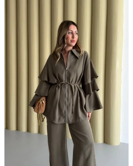 HAKİ KOLLARI VOLANLI BLUZ PANTOLON TAKIM