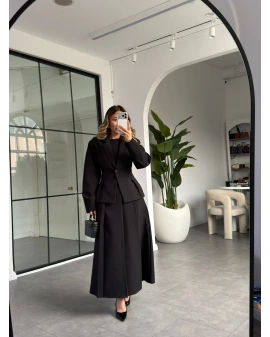 SİYAH PİLE DETAY ETEK CEKET TAKIM